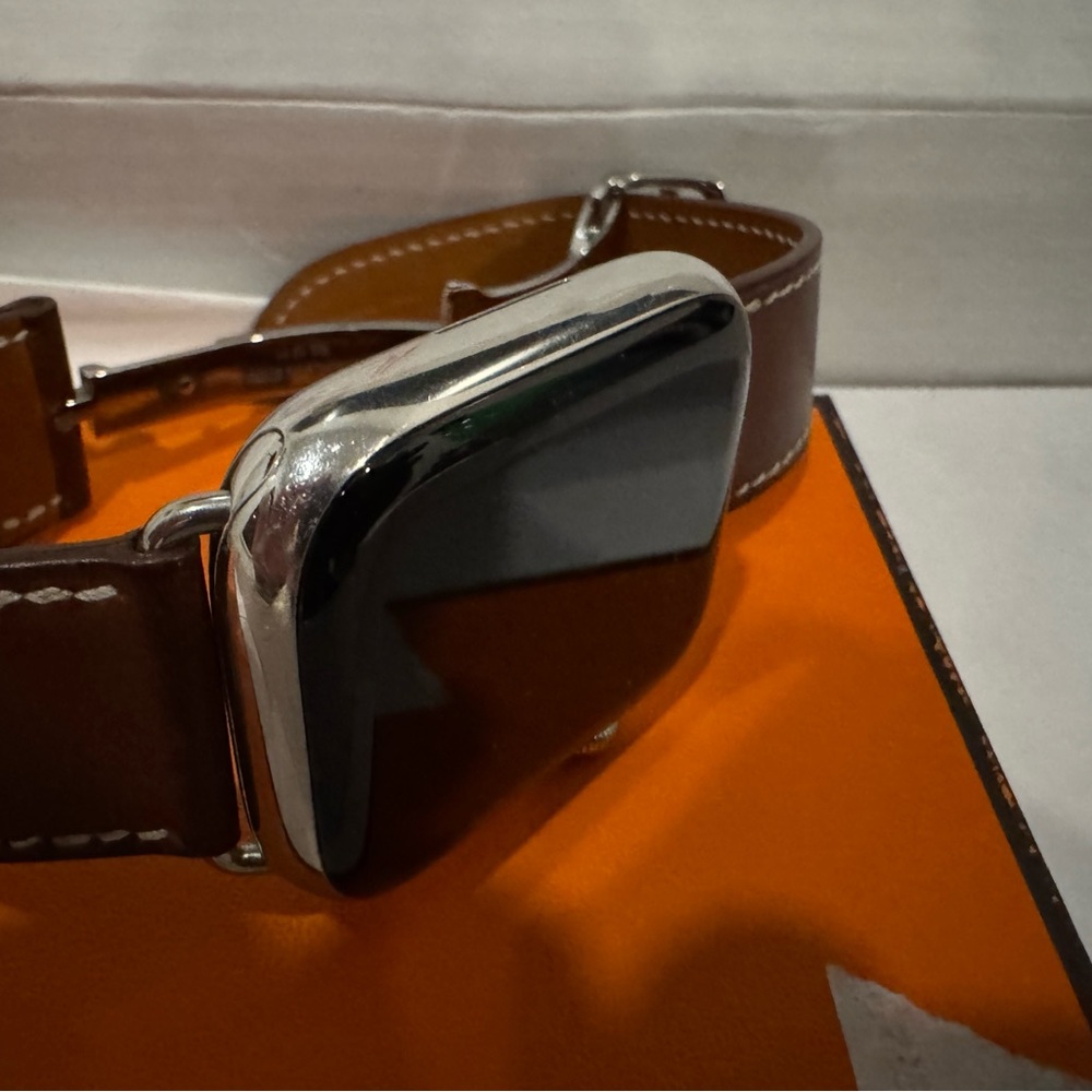 Apple Watch S9 45mm Stainless Steel case with Hermes brown leather band
